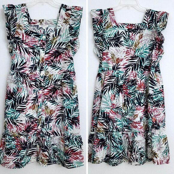 Beach Lunch Lounge Ruffle Palm Tropical Print Linen Blend Women's Dress - Medium - Picture 1 of 14